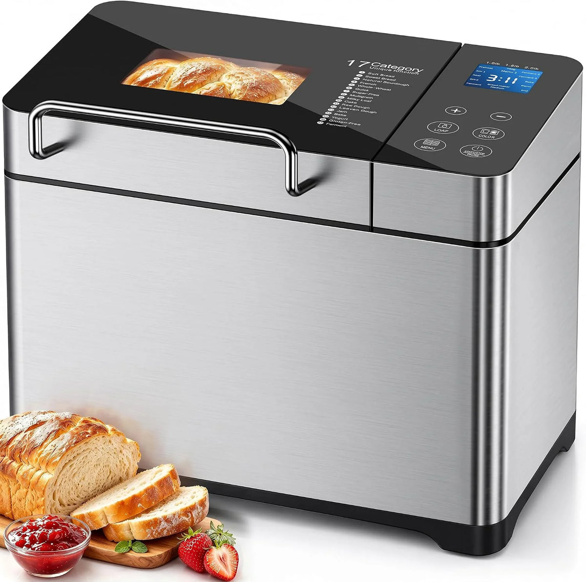 Panificadora de acero inoxidable 2LB 17 en 1 con recipiente para frutas y frutos, molde de cerámica antiadherente y panel táctil digital, 3 tamaños, 3 colores, set de reserva y mantenimiento