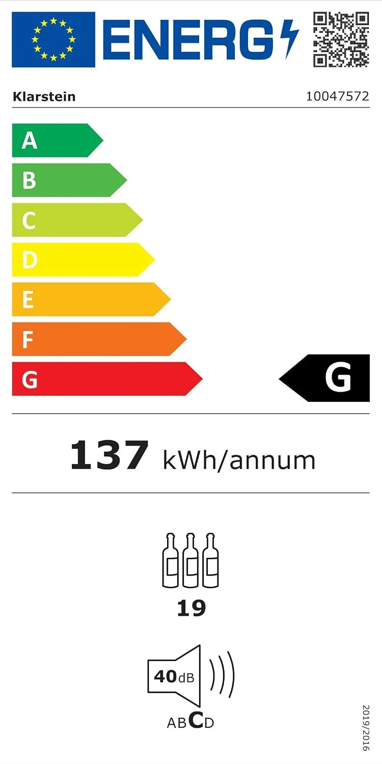 KLARSTEIN Illuminosa Vinoteca Integrable - 19 Botellas, 1 Zona, 5-20°C, LED, Control Táctil, Puerta UV, 3 Estantes Madera, Nevera Vinos Empotrable