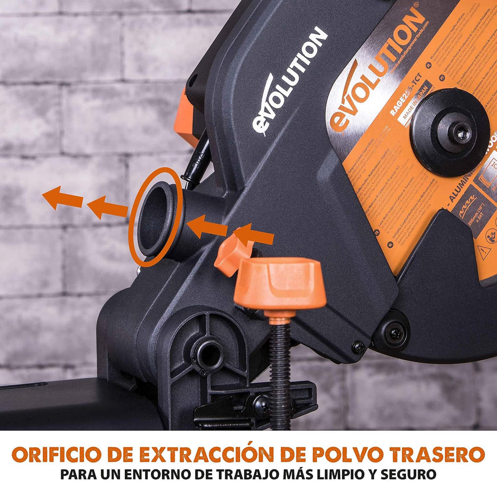 Evolution Power Tools R255SMS Sierra ingletadora Deslizante multimaterial, con Paquete Plus, Corta acero dulce, aluminio, plástico, madera con clavos incrustados 230 V, 255 mm