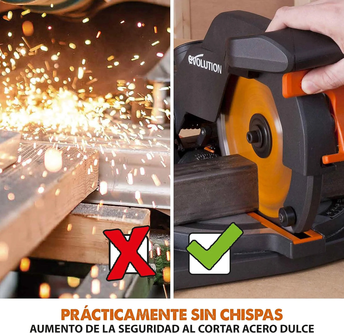 Evolution Power Tools R210CMS Multimaterial Sierra Ingletadora - Corta acero dulce, aluminio, plástico, madera con clavos incrustados, 210 mm