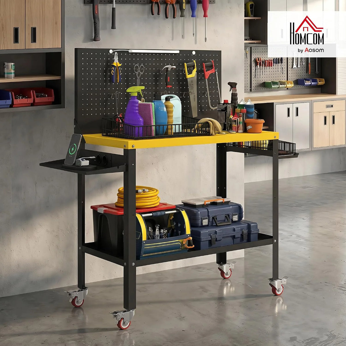 HOMCOM Banco de Trabajo con Ruedas 128x49,5x127,5 cm Negro y Amarillo