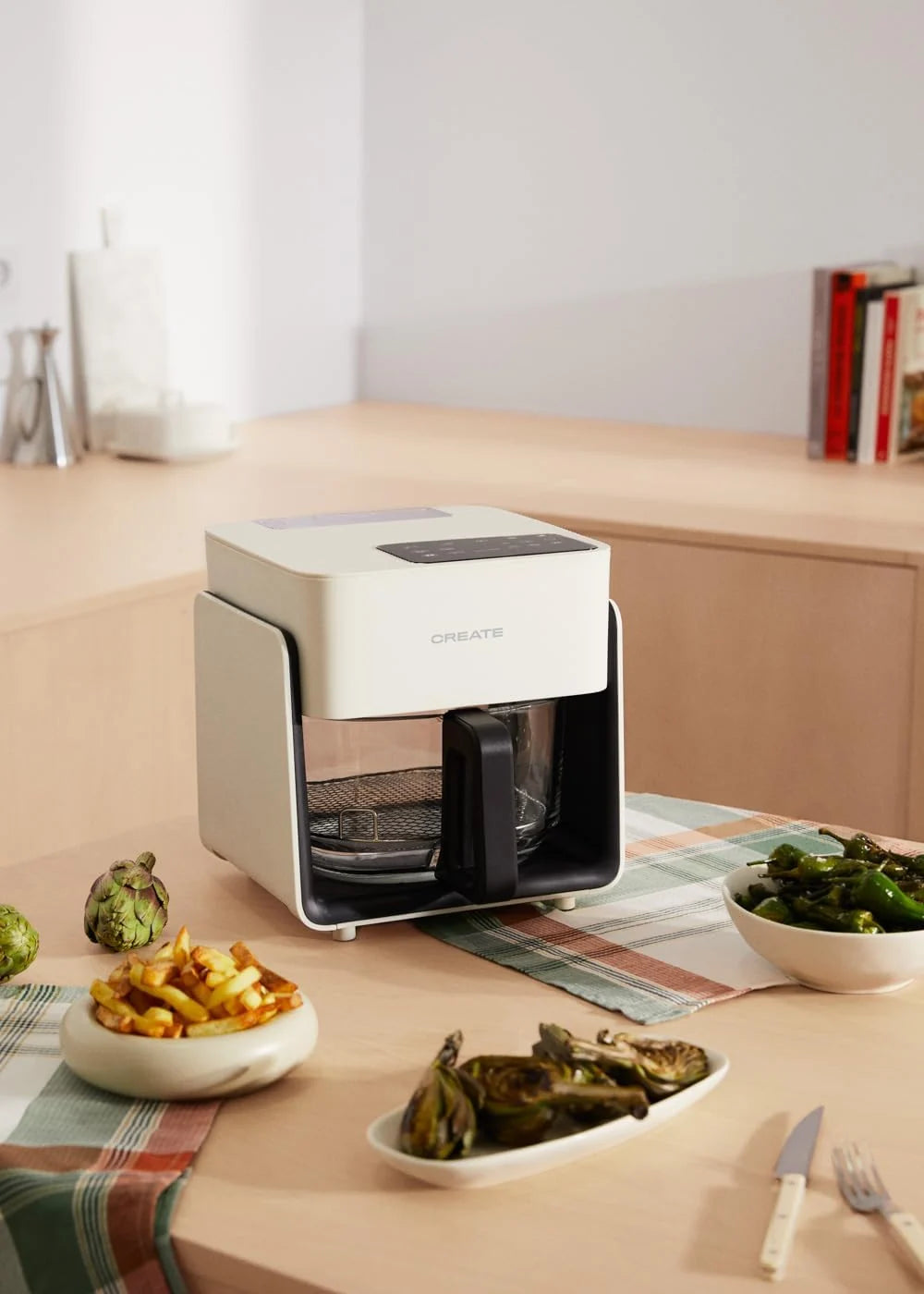 CREATE/AIR FRYER STUDIO CRYSTAL/Freidora sin aceite 4.2 L con vaporizador de agua blanco roto/Capacidad 5-6 raciones, 6 programas, bandeja de cristal, control de tiempo y tempertura, 1300W