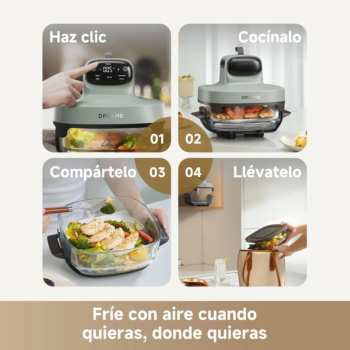 DREAME Tasti, Freidora de Aire Portátil de Vidrio 5 en 1: 2,5 L + 4,5 L