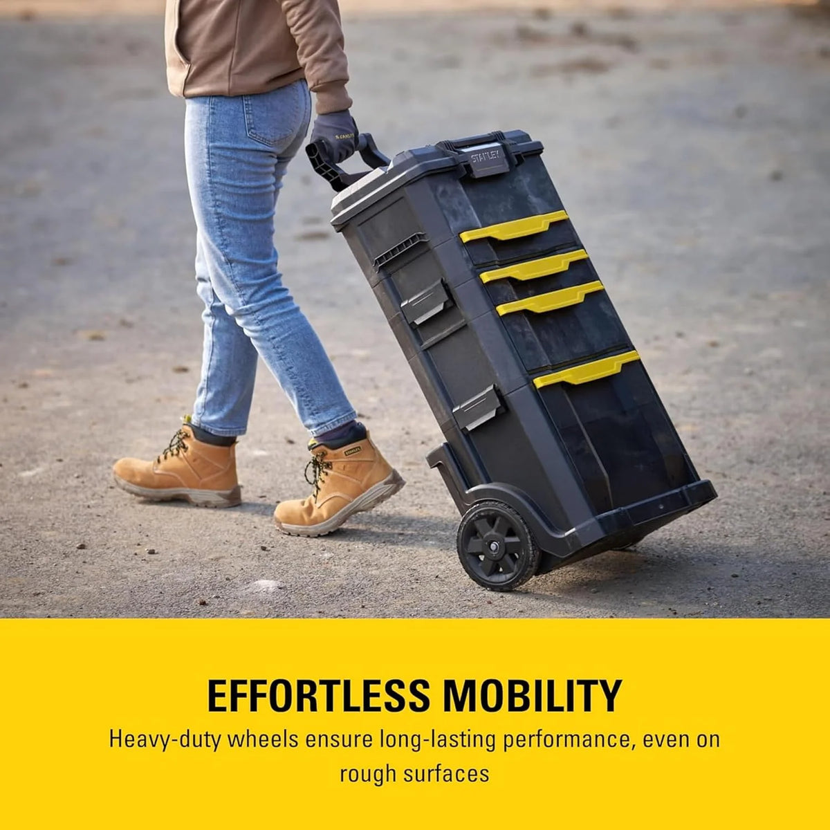 STANLEY Taller rodante Modular 3 en 1 apilable con Ruedas Resistentes, asa telescópica, organizadores Integrados y Capacidad de 35 kg, Ideal para Herramientas eléctricas y manuales, 1-79-206