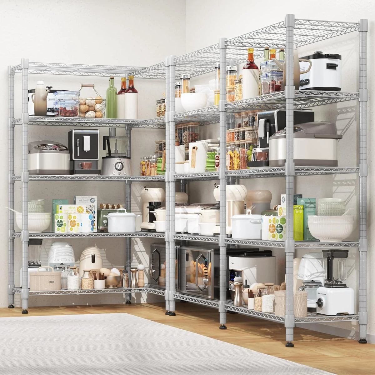 Himimi Estantería metálica de 5 niveles para almacenamiento, Unidad de estanterías de alambre ajustables, Estantes resistentes con pies niveladores, Estantería de almacenamiento 152*35*183cm, Plateado