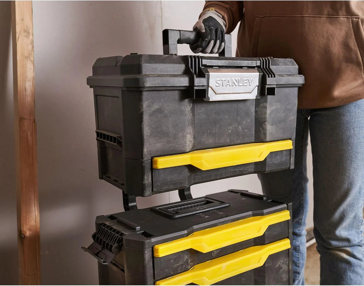 STANLEY Taller rodante Modular 3 en 1 apilable con Ruedas Resistentes, asa telescópica, organizadores Integrados y Capacidad de 35 kg, Ideal para Herramientas eléctricas y manuales, 1-79-206