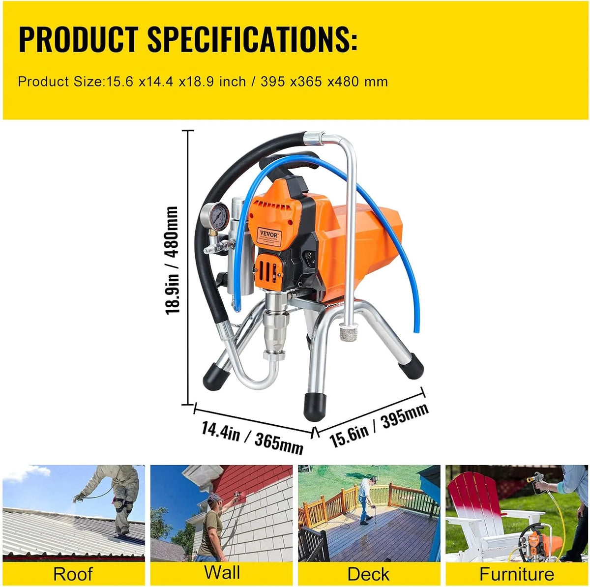 VEVOR Pulverizador de Pintura 2000 W Máquinas Pintura Airless 2 L/min Pistola de Pulverización Eléctrica sin Aire Presión Máxima 3000 PSI con Manguera de 9 m para Pared, Mueble, Exterior, Interior