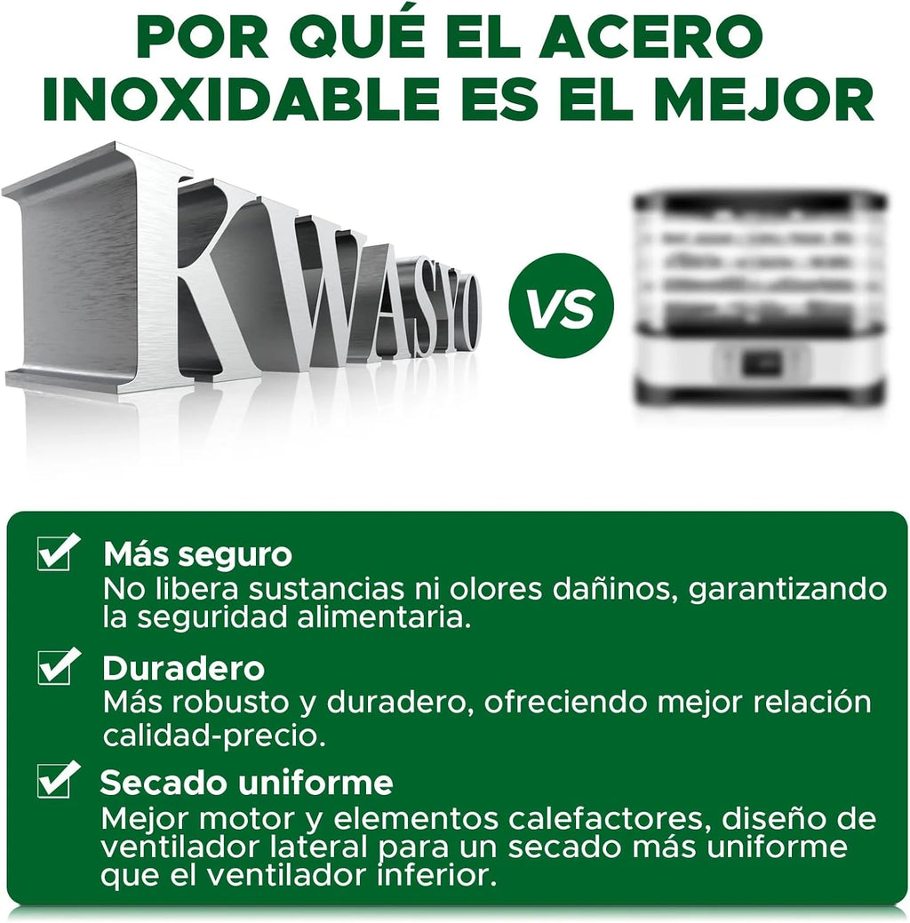 Kwasyo Deshidratador de Alimentos de Acero Inoxidable con 12 Bandejas, Secado eficiente de 360° con doble ventilador, Temporizador 24 horas, Temperatura: 30 a 90℃, deshidrata fruta, carne, verduras