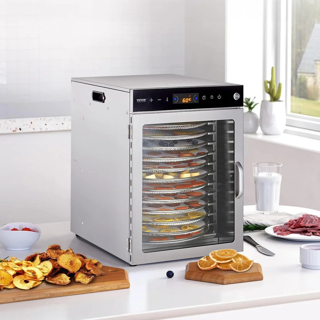 VEVOR Deshidratador de Alimentos 12 Bandejas de Acero Inoxidable Secador de Alimentos Eléctrico 800 W con Temperatura Ajustable y Temporizador de 24 Horas para Cecina, Frutas, Verduras, Hierbas