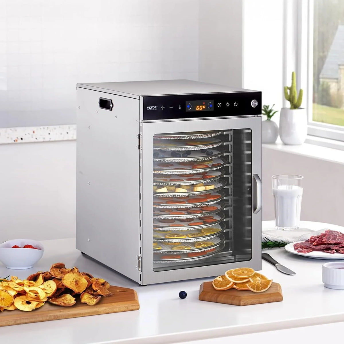 VEVOR Deshidratador de Alimentos 12 Bandejas de Acero Inoxidable Secador de Alimentos Eléctrico 800 W con Temperatura Ajustable y Temporizador de 24 Horas para Cecina, Frutas, Verduras, Hierbas