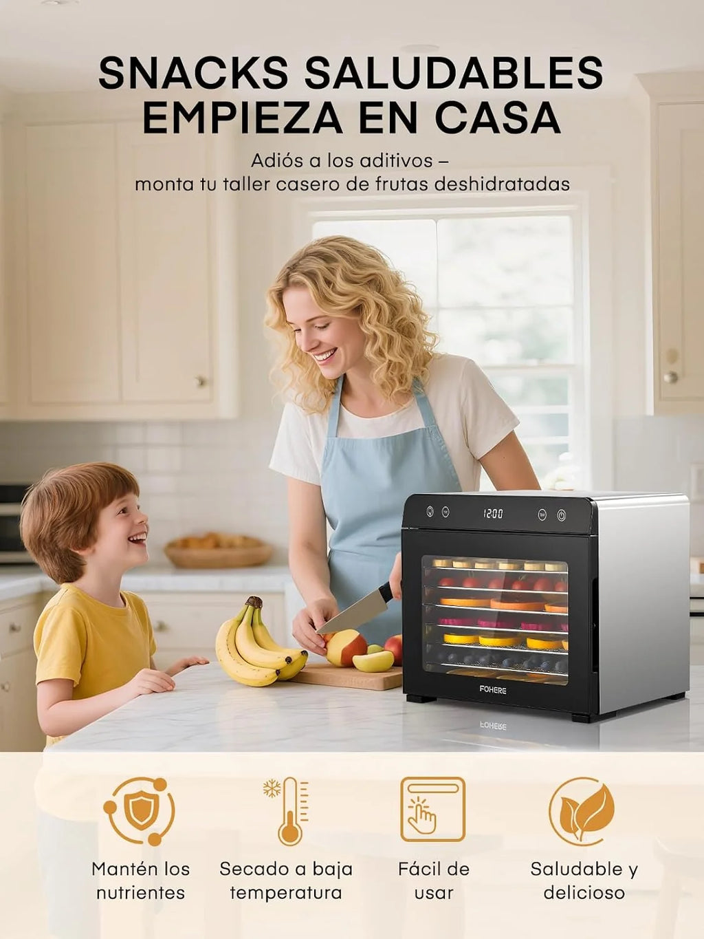 FOHERE Deshidratador de Alimentos Profesional 8 Bandejas Acero Inox., Silencioso
