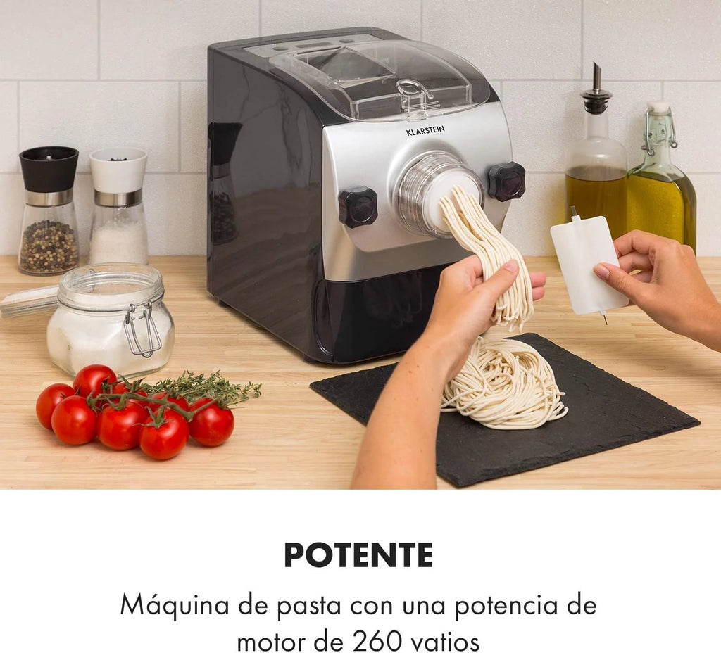 Klarstein Pastamania Máquina para Hacer Pasta Eléctrica – 260W Automática con 7 Accesorios, Capacidad de 500g, Silenciosa 60dB, Pantalla LED, Proceso de Amasado en 3