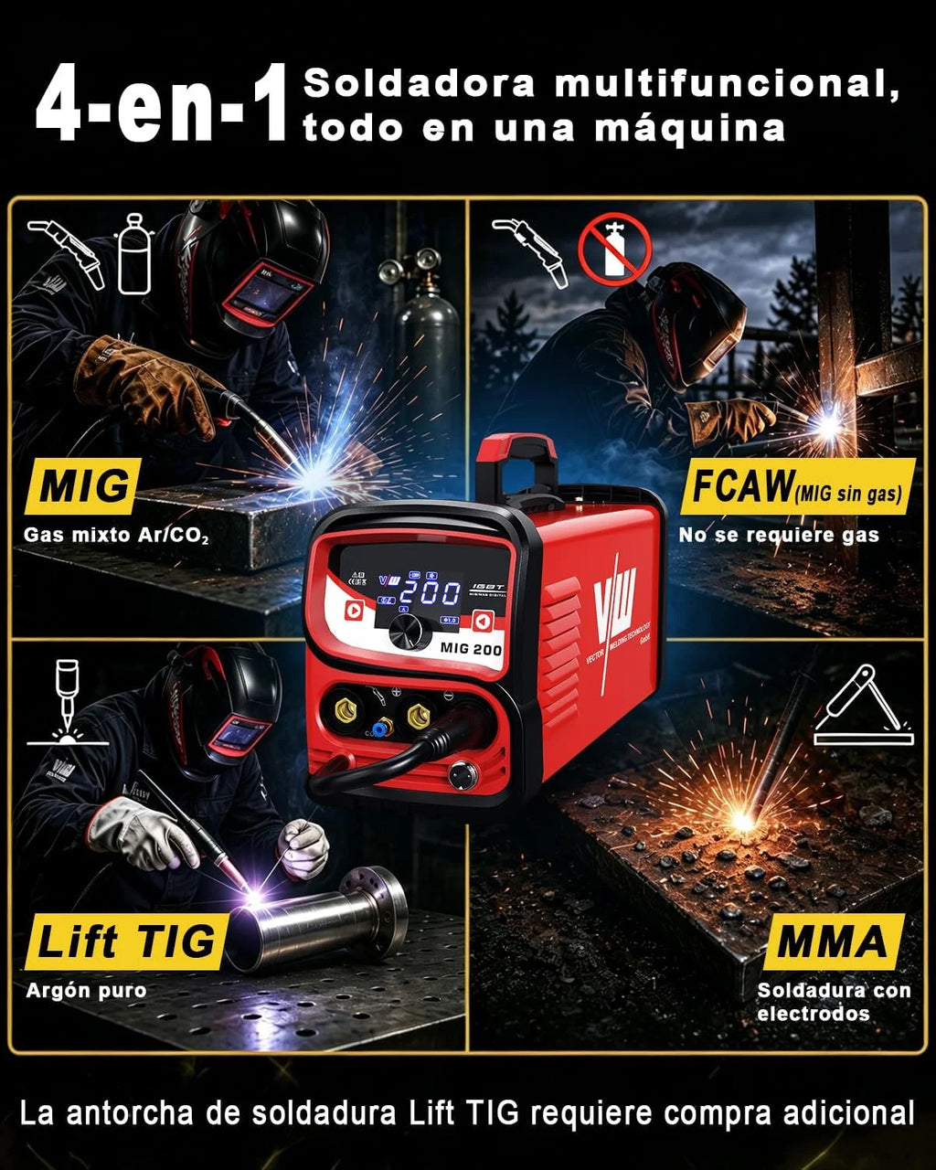 VECTOR WELDING Soldador de Hilo 4 en 1 Máquina de Soldar MIG MAG 200A