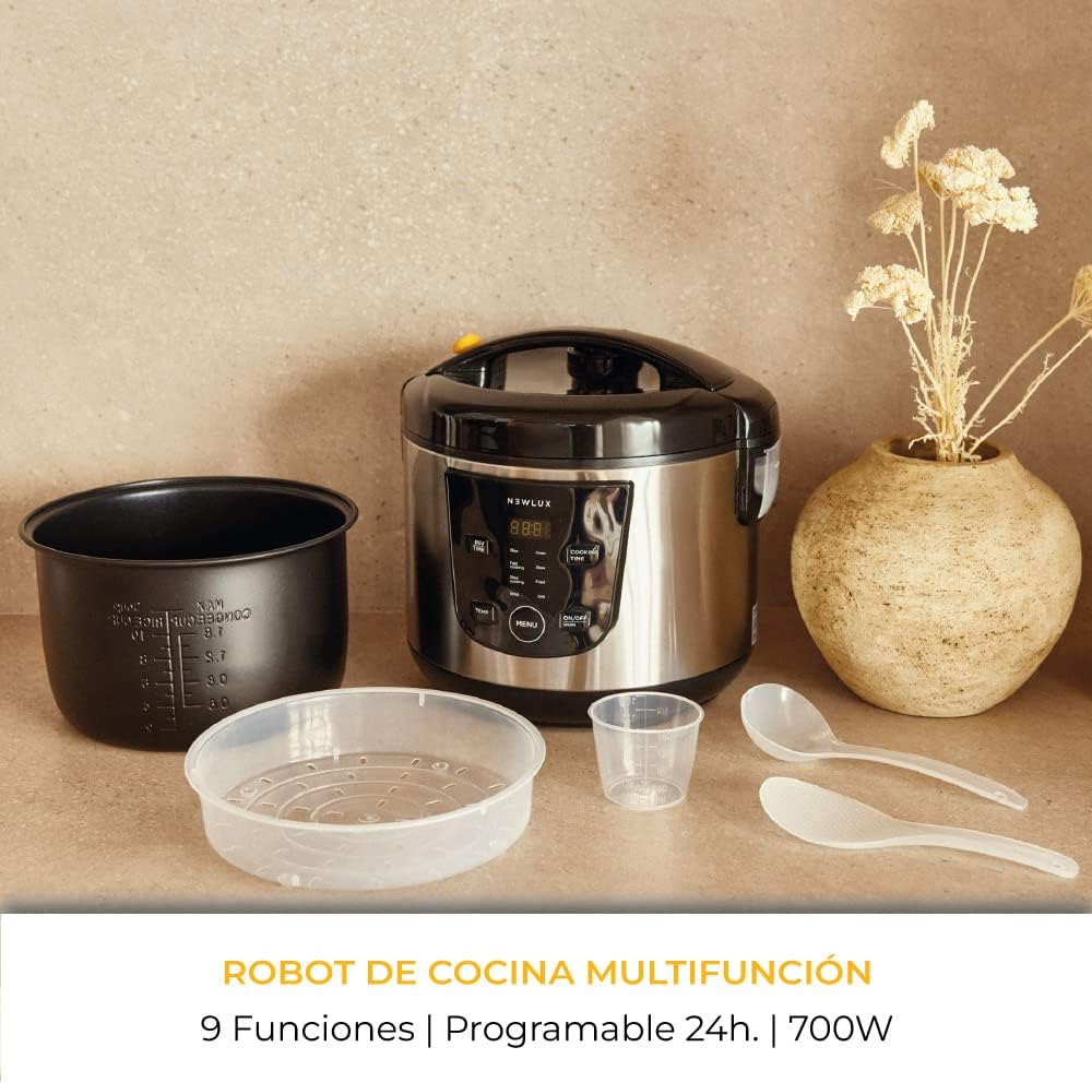 NEWLUX - Robot de Cocina Multifunción 5L SmartChef V50 con Cubeta Antiadherente, Programable hasta 24 Horas, 9 Funciones y 8 Menús automáticos. Mantiene Caliente 24H, Negro