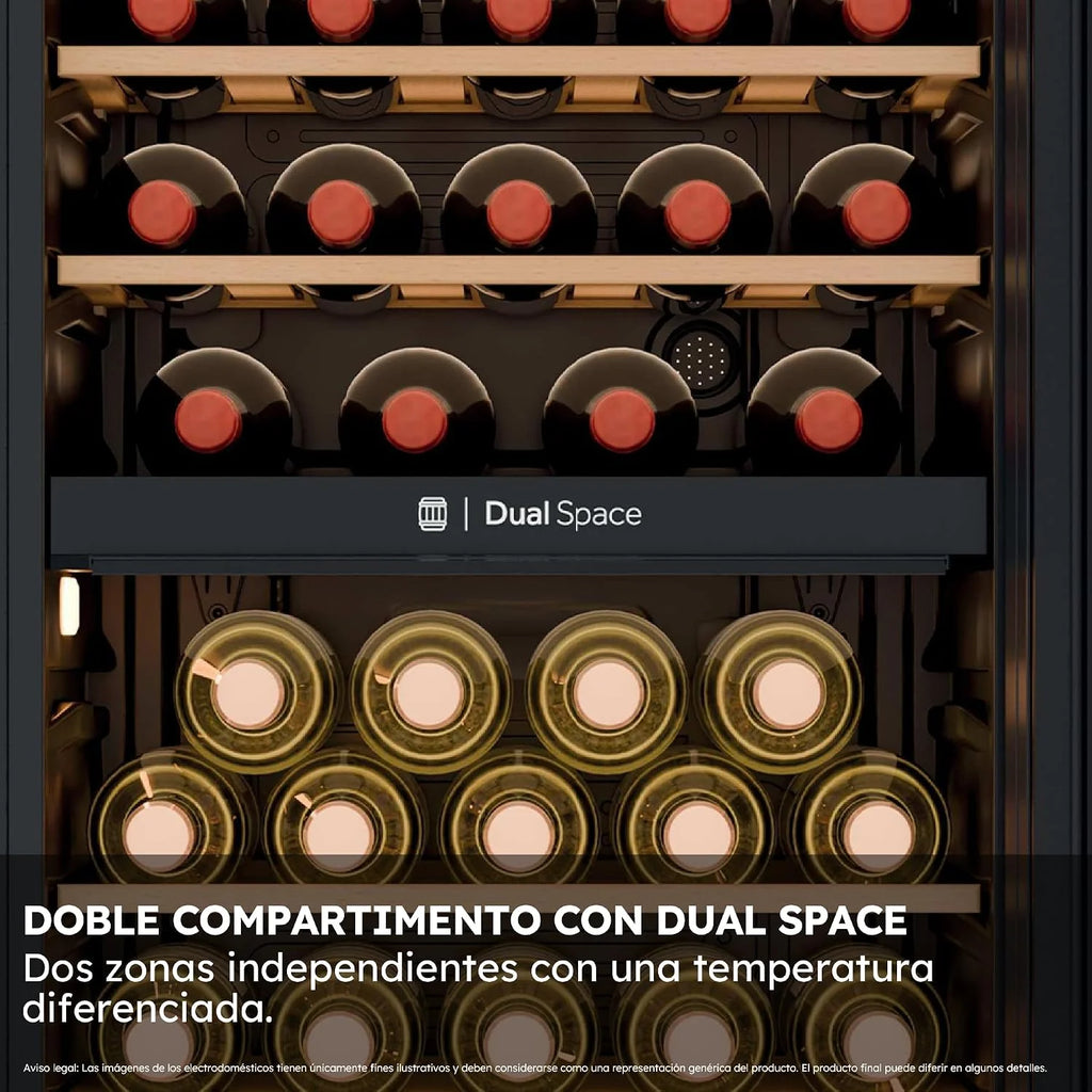 Haier Wine Bank 50 Series 5 HWS56GDG - Vinoteca de 56 botellas, 2 Zonas independientes, Estantes de madera, Filtro Anti-UV, Sistema Antivibración, Display Digital, Iluminación LED, 37 dbA, Negra