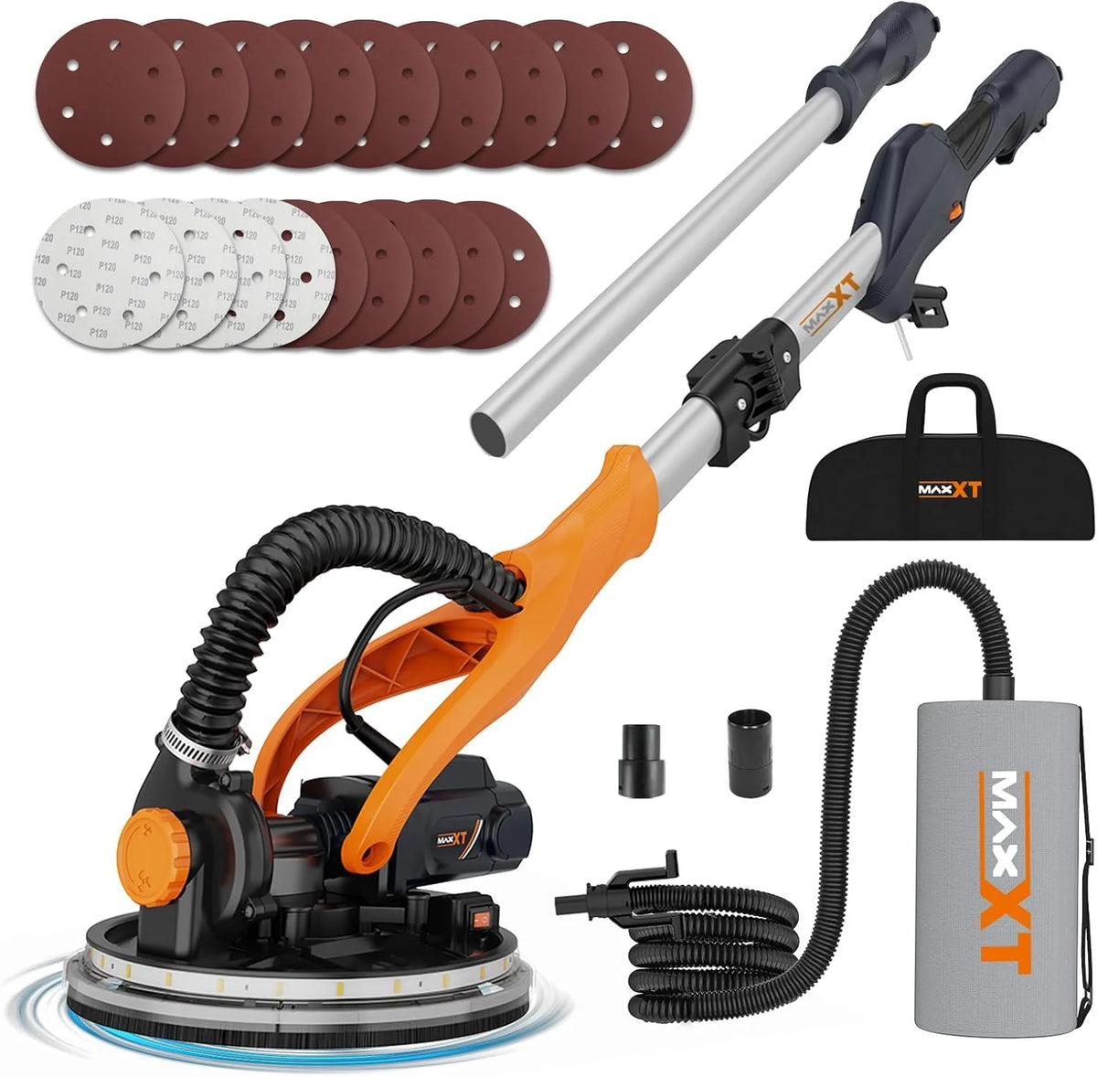 Lijadora Jirafa MAXXT 820W: plegable con tubo de extensión (110 cm/165 cm), velocidad ajustable (600-1900 rpm), LED, borde lateral desmontable, 6 tipos de papel de lija para paredes y techos
