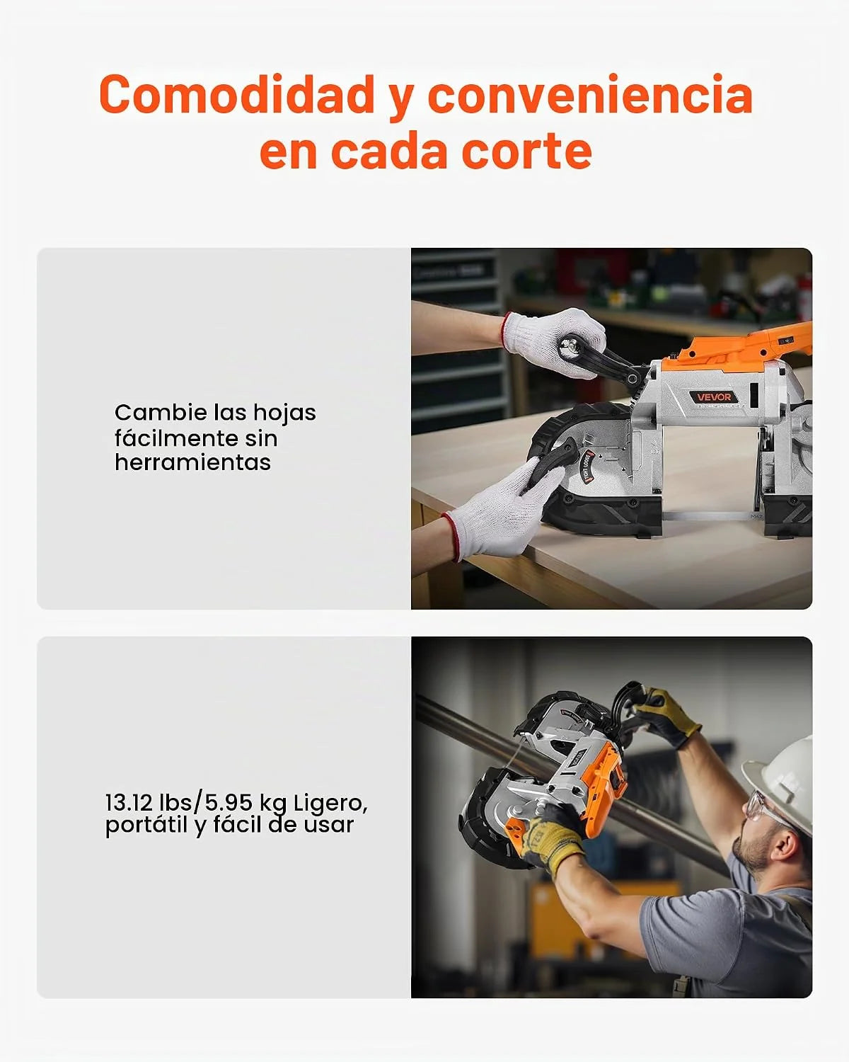 VEVOR Sierra de Cinta Portátil, Corte Profundo de 127 mm 360 W Motor sin Escobillas Sierra de Cinta Inalámbrica y Compacta con Ganchos, Velocidad Variable de 0-120 m/min para Cortar Metal y Madera