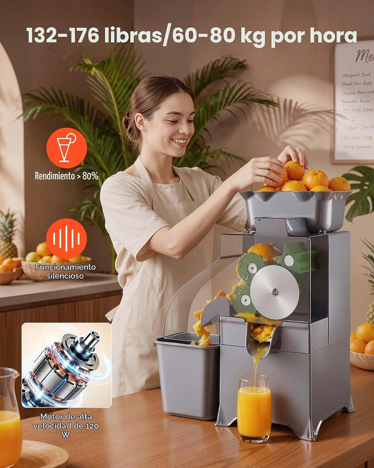 VEVOR Máquina Exprimidora de Naranjas Comercial 100 W de Acero Inoxidable, Con Tapa de policarbonato, Con Recipiente y Cesta de Fruta, 60 y 80 kg de Cítricos por Hora, Para Limones, Frutas Cítricas