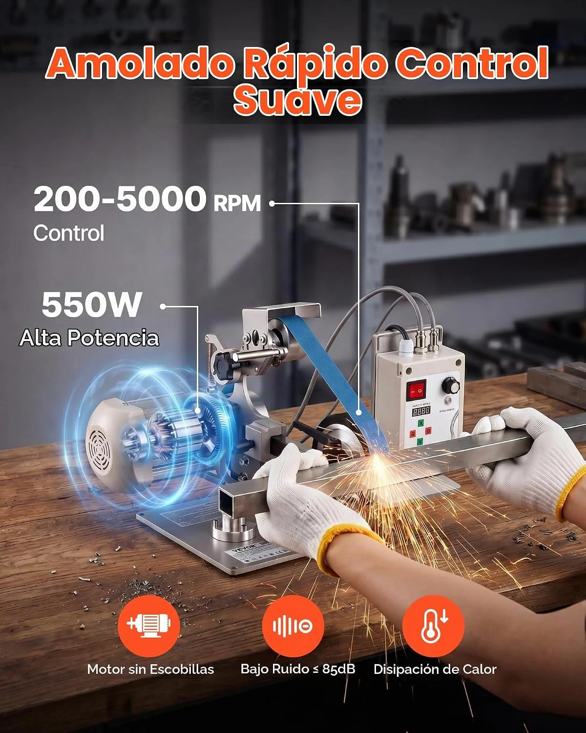 VEVOR Lijadora de Banda de 550 W con VFD Velocidad Variable 200 a 5000 RPM, 21 m/s Motor sin Escobillas, Amoladora de Lijado 762 x 25,4 mm, 2 Modos, 3 Bandas para Metal Madera Cuchillos Acero Taller