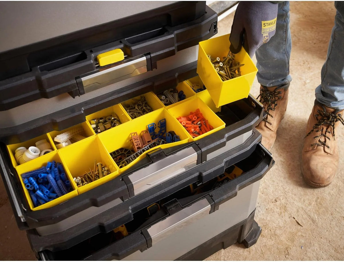 STANLEY FATMAX Taller Móvil Metálico, Carro de Herramientas, Caja Versátil para Piezas Pequeñas y Grandes, Ruedas 17cm, Cierres Metálicos Antioxidantes, 1-95-622