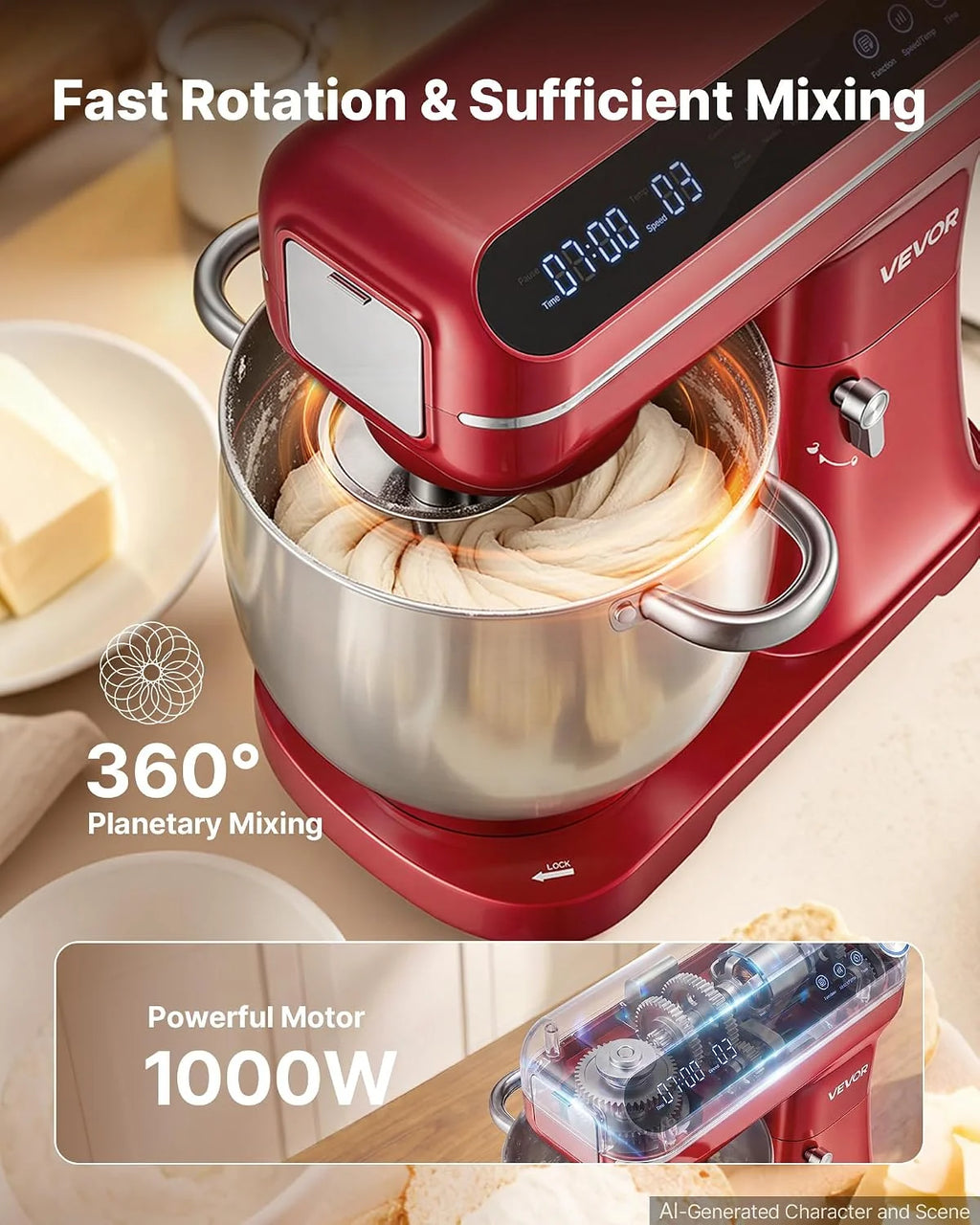 VEVOR Batidora Amasadora 1000 W, Bol de 7 L, con Picadora de Carne, Rojo