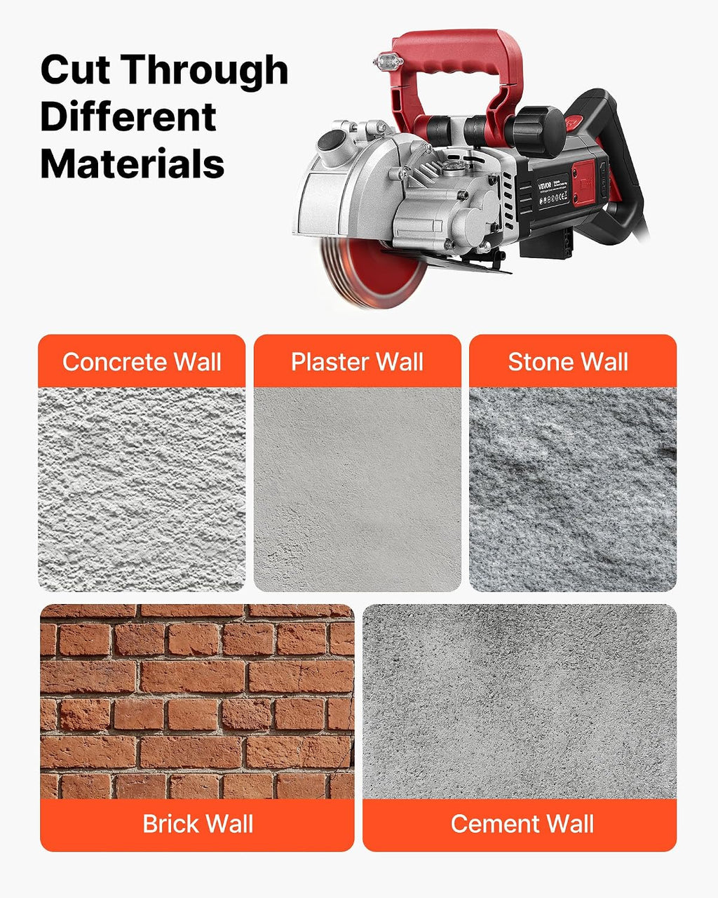 VEVOR Rozadora de Pared de Potencia Máxima 5000 W, Ranuradora de Pared 5460 RPM, Profundidad 50 mm, Anchura 40 mm con 5 Discos 160 mm, Línea Guía para Hormigón Ladrillo Mampostería Cableado Tuberías