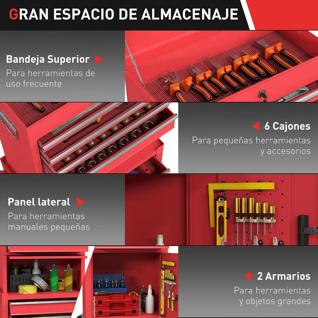 HOMCOM Carro de Herramientas con 6 Cajones y Cerraduras 3 en 1 Rojo