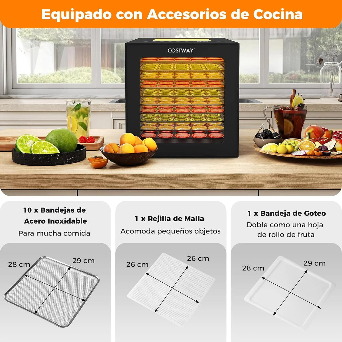 COSTWAY Deshidratador de Alimentos, Secador con 10 Bandejas de Acero Inoxidable, 10 Programas, Temporizador de 48H y Temperatura de 30-75℃, Máquina Deshidratadora para Carne, Frutas
