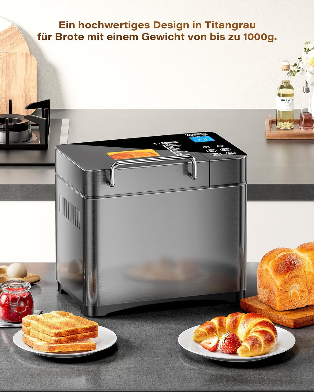Panificadora de 710 W, 1 kg, de cuarzo, acero inoxidable, con sartenes de cerámica, 17 en 1 con dispensador de ranura automática, 2 remos, 3 tamaños de pan y 3 colores para hornear, sin gluten