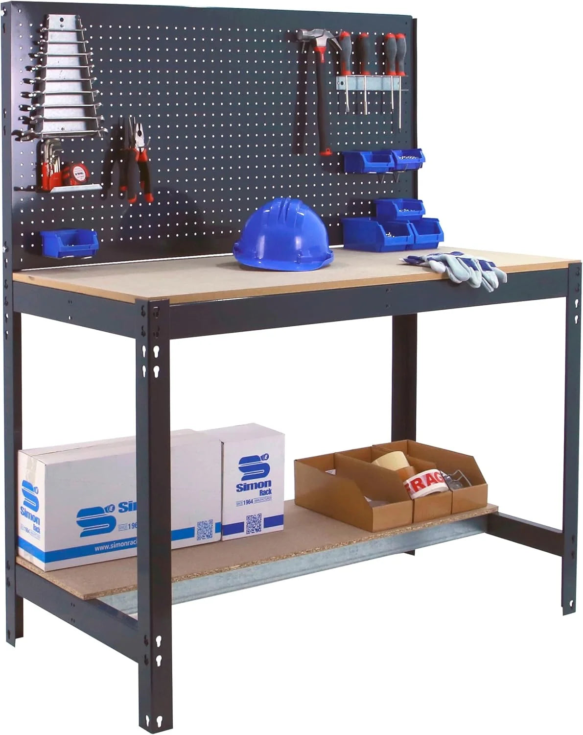 Simon Rack Banco de Trabajo Taller, Capacidad Carga 400 kg, 1445x910x610 mm, Mesa de Trabajo, Antracita/Madera - BT2