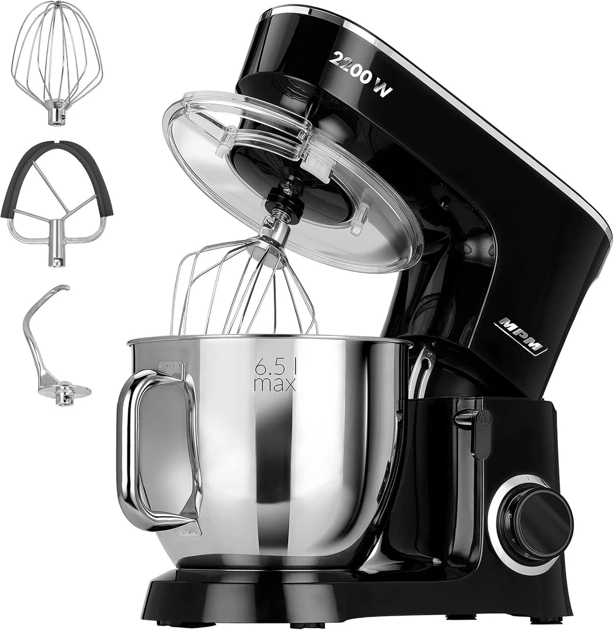 MPM Batidora Amasadora Repostería Profesional Robot Cocina Orbital 2200W Máx. 6,5L Bol Acero Inox, 6 Velocidades + Función Pulso, Sistema Planetario, 3 Accesorios+ Báscula, MRK-19B