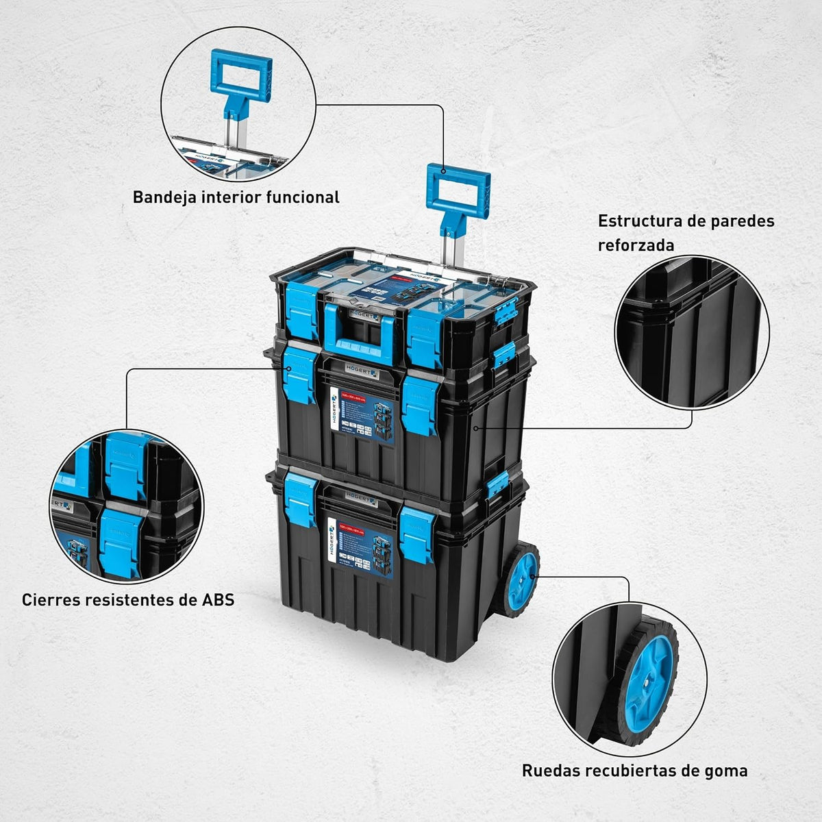 Högert Technik - Set de Cajas 4 en 1 HT7G500, Caja Herramientas con Ruedas, Resistente a Daños, Maletin Herramientas a Prueba de Polvo, Cierres Robustos de ABS, Estructura Modular