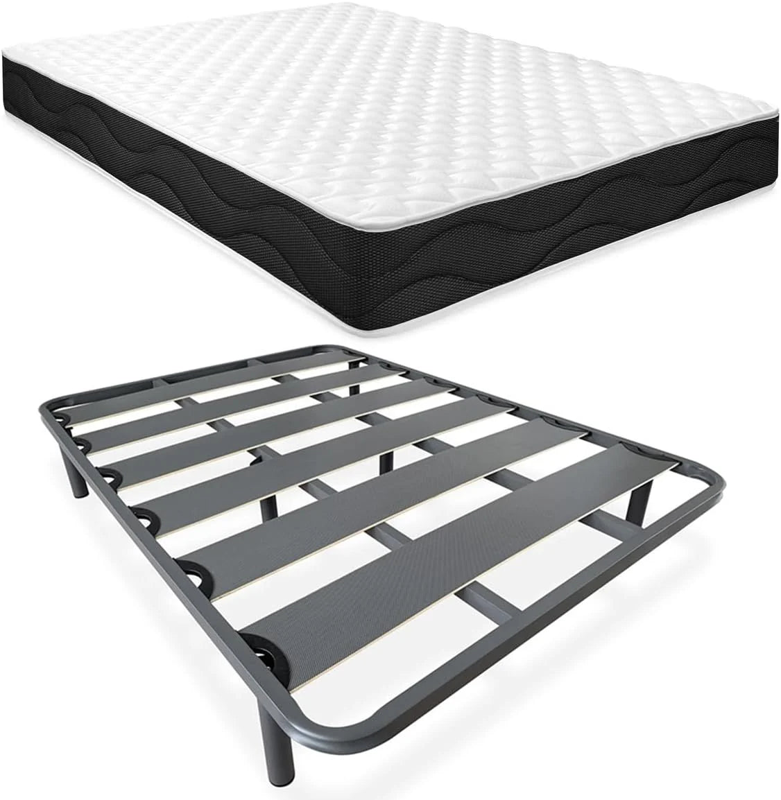 Homey - Complete Bed with Sleep Pro Reversible Mattress + Reinforced Slatted Base with 6 Threaded Metal Cylindrical Legs, 150 x 190 cm