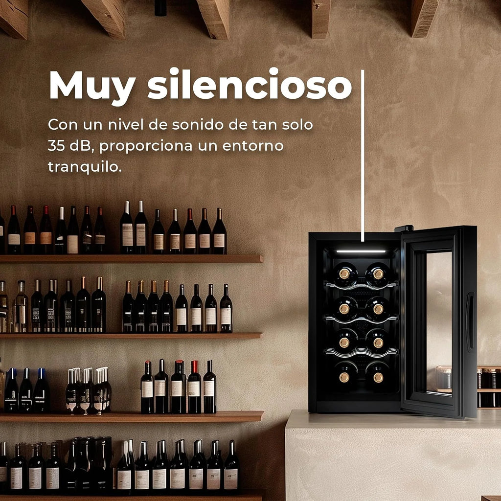 EVVO Vinoteca VT8 - Enfriador de Botellas de Vino, Nevera Pequeña para 8 Botellas, Enfriador de Vino Silencioso, Control Táctil, Luz LED, Botellero Vertical, Temperatura Ajustable 8-18ºC