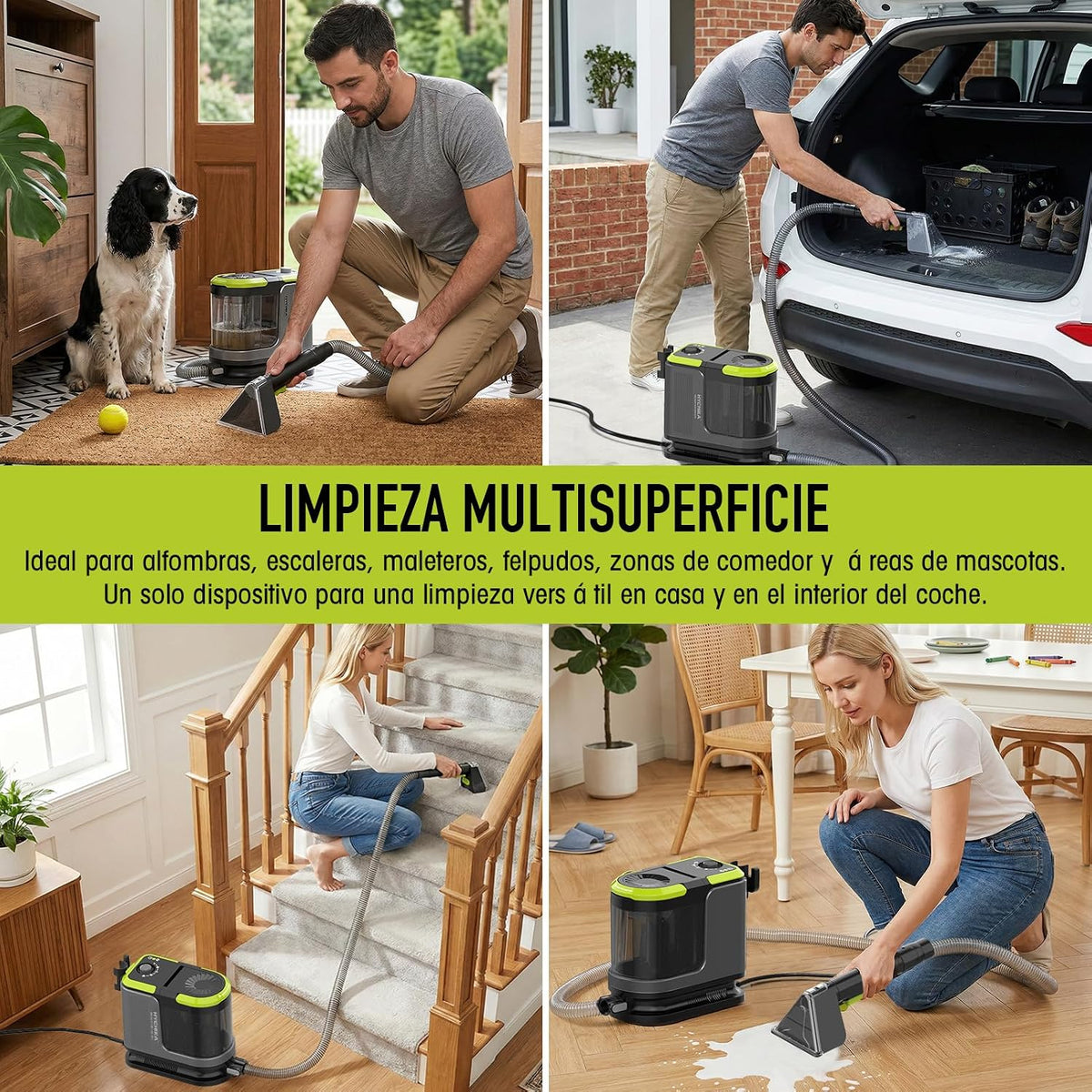 HYCHIKA Limpiador de Tapicerías 1800W, 17 kPa, Aspirador de Tapicerías con Lavado, Doble Depósito y Autolimpieza, Limpiador de Alfombras Portátil, para Sofá/Alfombras/Felpudos/Coche y Mascotas