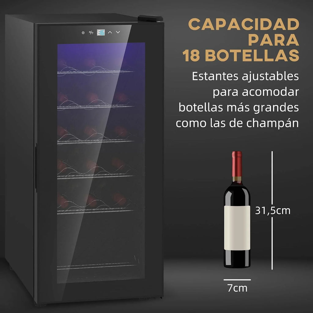 HOMCOM Nevera Vinos 18 Botellas 50L Vinoteca con Luz LED Interior Pantalla LED Táctil Digital Control de Temperatura Puerta de Vidrio Anti-UV y 5 Estantes de Metal Negro