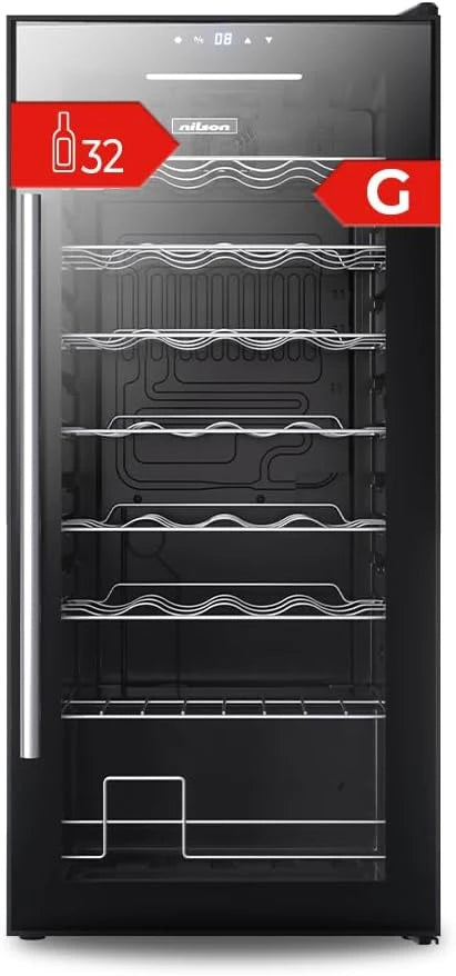 Nilson Vinoteca 32 Botellas Negro, NVN3200S. Cíclica, 39 dB Nivel Sonoro, Zona Única de Temperatura, Pantalla Digital, Luz Interior LED, Puerta Cristal, Apertura Tipo Uñero, Eficiencia Energética G