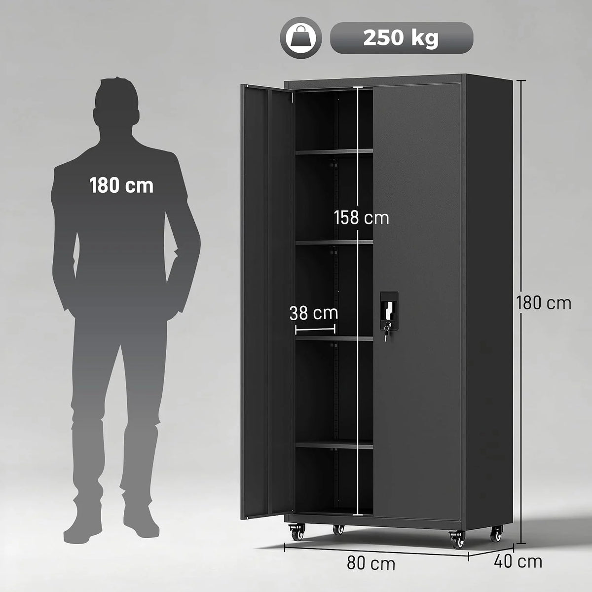 HOMCOM Armario de Herramientas de Acero Ruedas con Freno 180 cm Negro