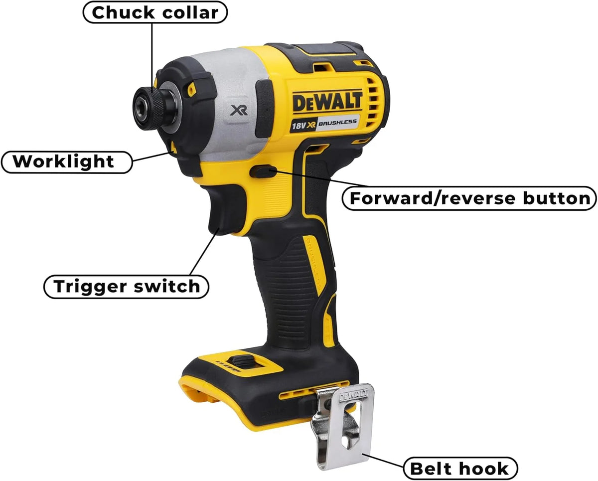 DEWALT DCF887N-XJ - Atornillador de impacto, Motor sin escobillas, 205 Nm de torque, Portapuntas de 1/4", Ligero y compacto, Sin Batería/Cargador
