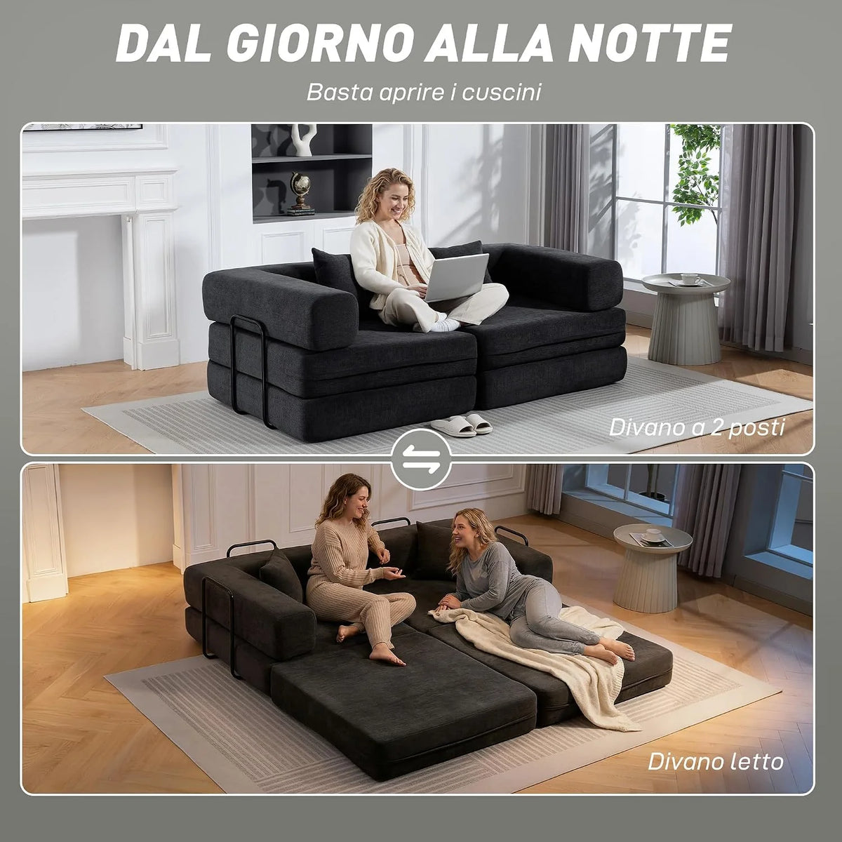 HOMCOM 5-in-1 Folding Sofa Bed with Chenille Upholstered Dark Grey