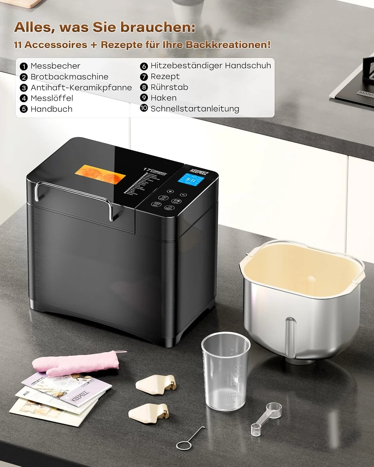 Panificadora de 710 W, 1 kg, de cuarzo, acero inoxidable, con sartenes de cerámica, 17 en 1 con dispensador de ranura automática, 2 remos, 3 tamaños de pan y 3 colores para hornear, sin gluten