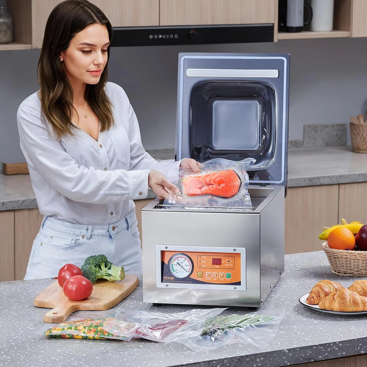 VEVOR Sellador al Vacío de Cámara 260 W Máquina de Envasado al Vacío de Acero inoxidable Tamaño Compacto de 260 mm para Cocina del Hogar Para Uso Comercial Para Alimentos Húmedos, Carnes y Adobos