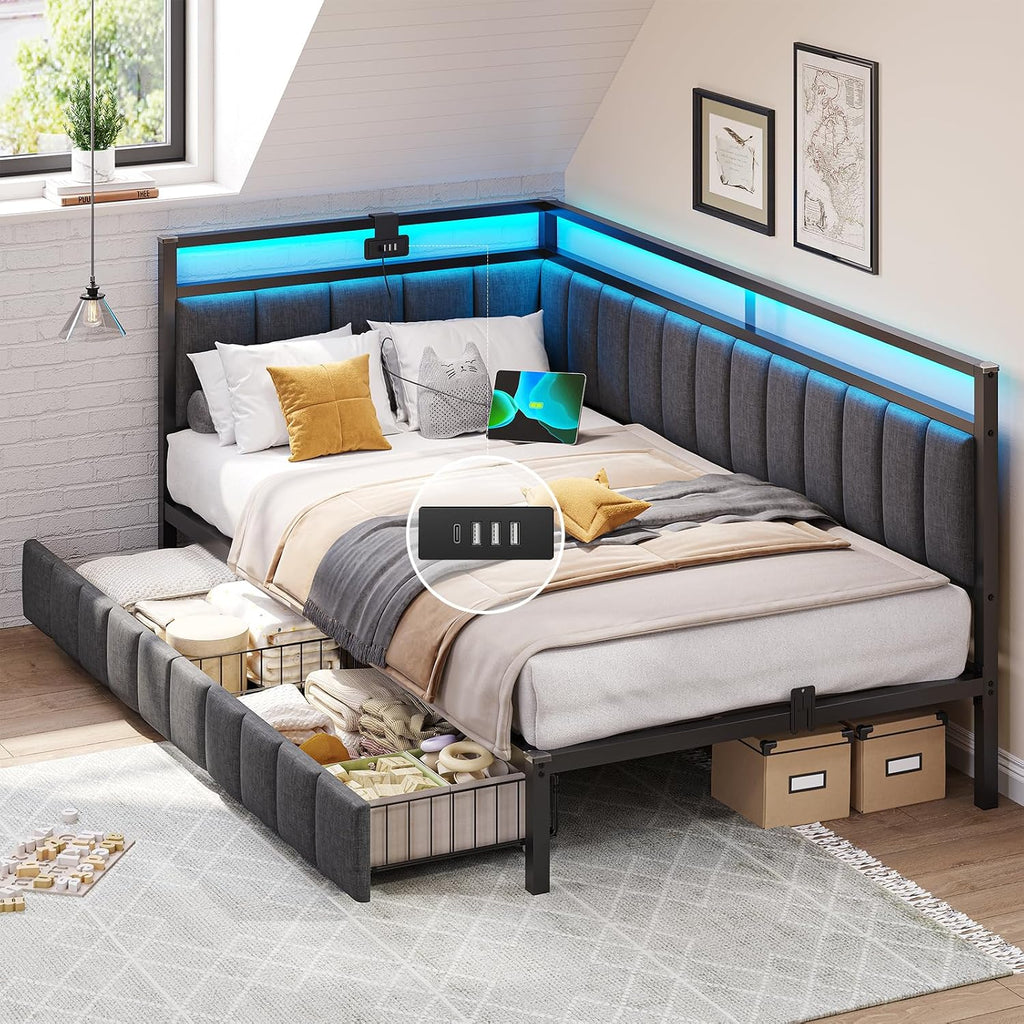 DICTAC Upholstered Bed Sofa Bed 90 x 190 cm with LED Lighting and USB Socket, Youth Beds with 2 Storage Drawers, Bed Frame 90 x 190 cm with Metal Slatted Base, Dark Grey