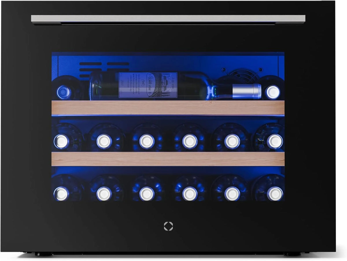 KLARSTEIN Illuminosa Vinoteca Integrable - 19 Botellas, 1 Zona, 5-20°C, LED, Control Táctil, Puerta UV, 3 Estantes Madera, Nevera Vinos Empotrable