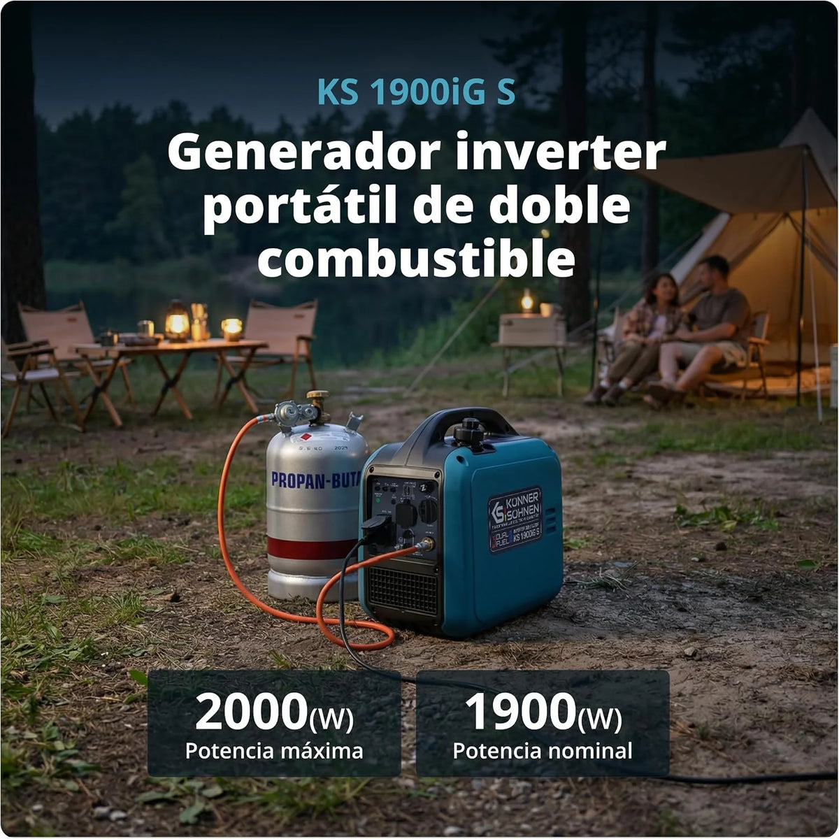 Generador inversor Könner & Söhnen KS 1900iG S LPG de 2,0 kW, combustible dual, generador de corriente inversor Eco-Mode, de gasolina para uso en exteriores, de gasolina, Euro-5