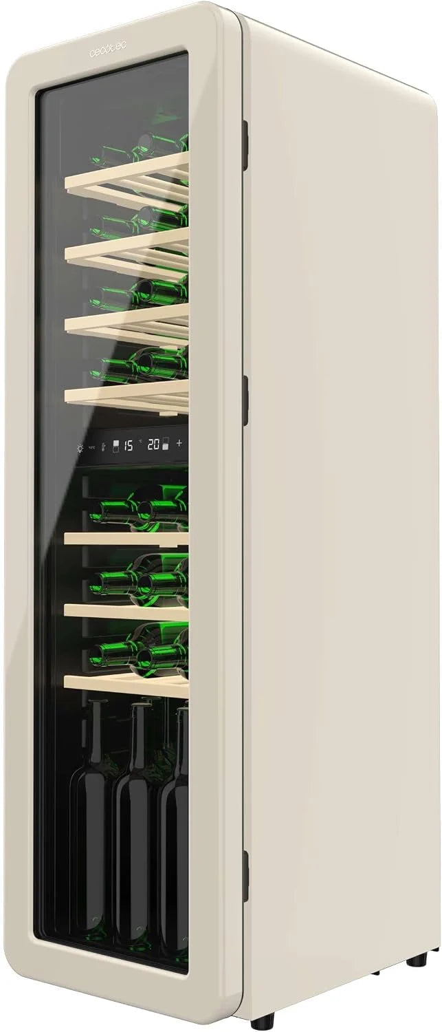 Cecotec Vinoteca 30 Botellas Retro Bolero Grandsommelier Origin Duo 30 Hit Beige. Acabado En Negro Con 2 Zonas De Temp. (5-12ºC, 12-20ºC), Control Led, NoFrost, Estantes Madera, Luz Interior