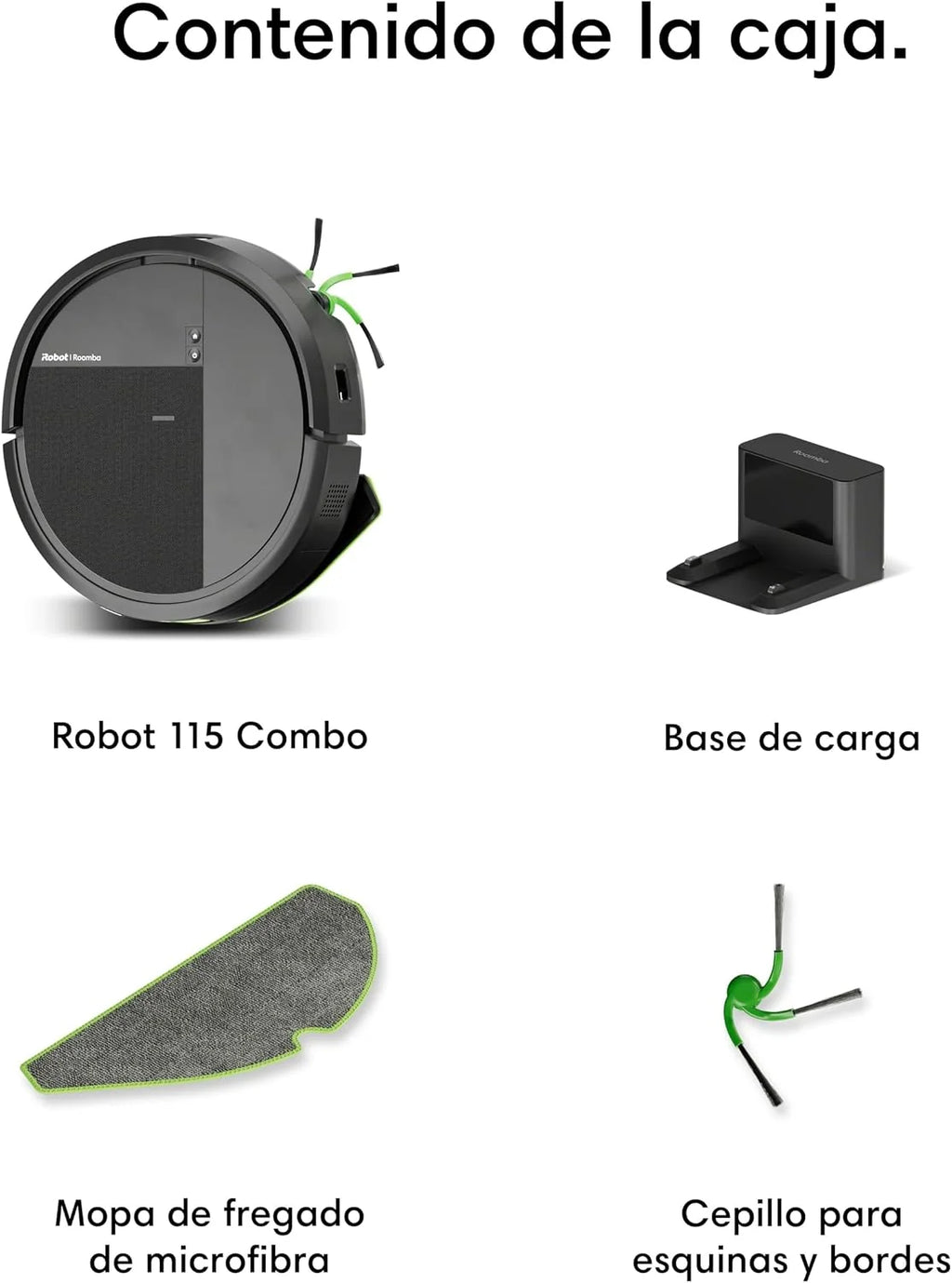 iRobot Roomba 115 Combo, Robot Aspirador y friegasuelos 2en1, Potencia de succión de 15.000 Pascales, Cepillo Lateral Flexible, Mopa de fregado extendida, Navegación Clearview LiDAR, App, Negro