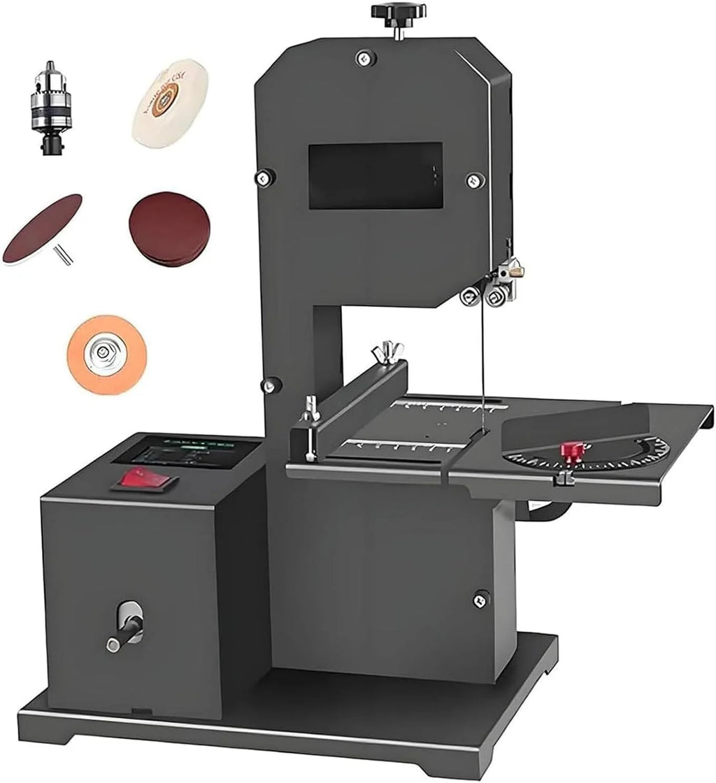 Sierra de Cinta para Carpintería 800W de Mesa - Altura de Corte 70 mm con Mesa Metálica Inclinable 0-45°,Realiza Cortes Rectos,Curvos y Multíángulo para Madera y Metal