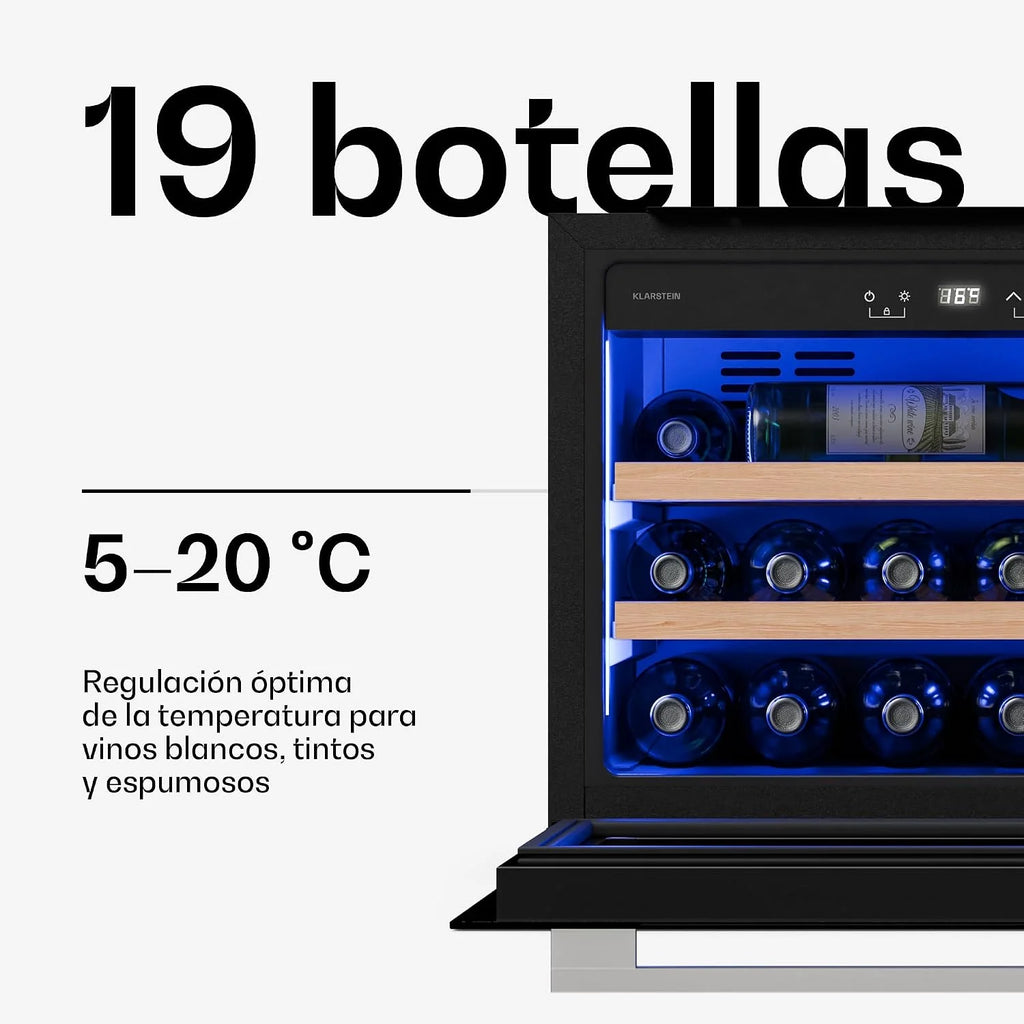 KLARSTEIN Illuminosa Vinoteca Integrable - 19 Botellas, 1 Zona, 5-20°C, LED, Control Táctil, Puerta UV, 3 Estantes Madera, Nevera Vinos Empotrable