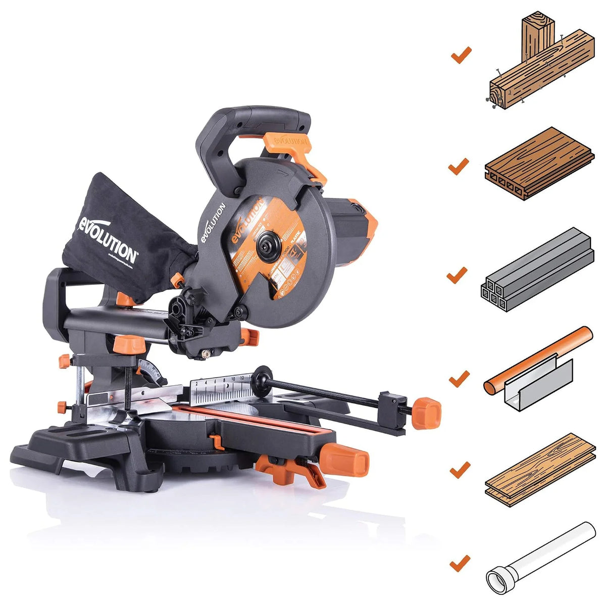 Evolution Power Tools R210SMS+ Ingletadora deslizante multimaterial de 210 mm, con paquete Plus, Corta acero dulce, aluminio, plástico, madera con clavos incrustados, 230 V